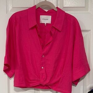 Frame Denim Bright Pink Cropped Short-Sleeve Linen top